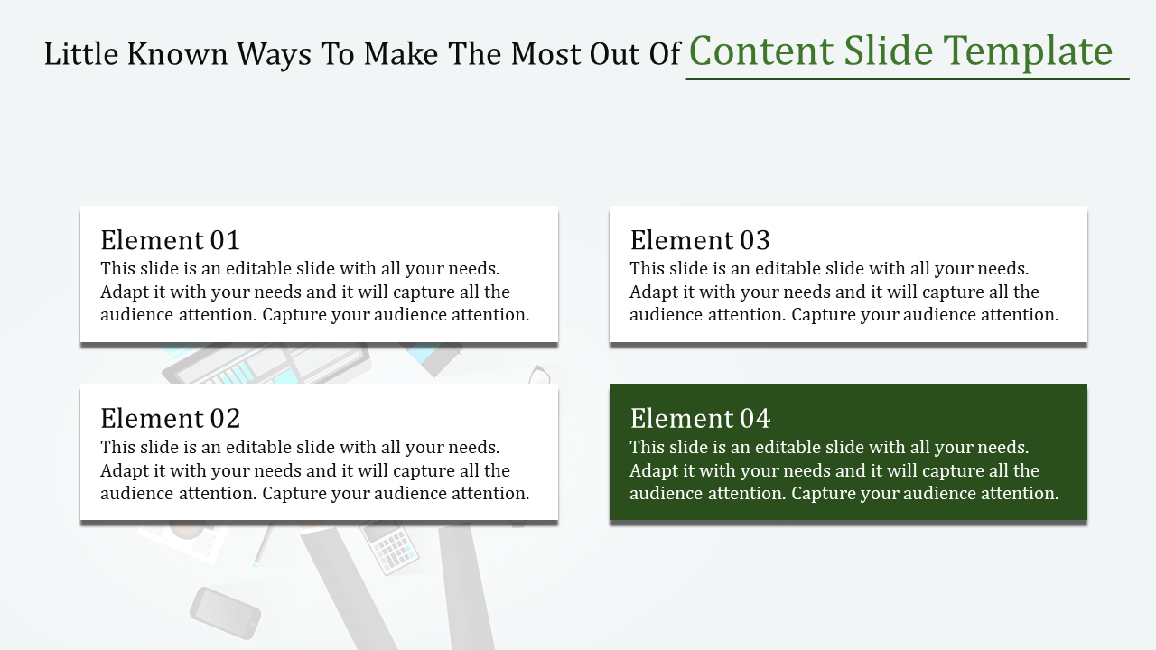 Content slide featuring four sections for presenting elements of a topic.