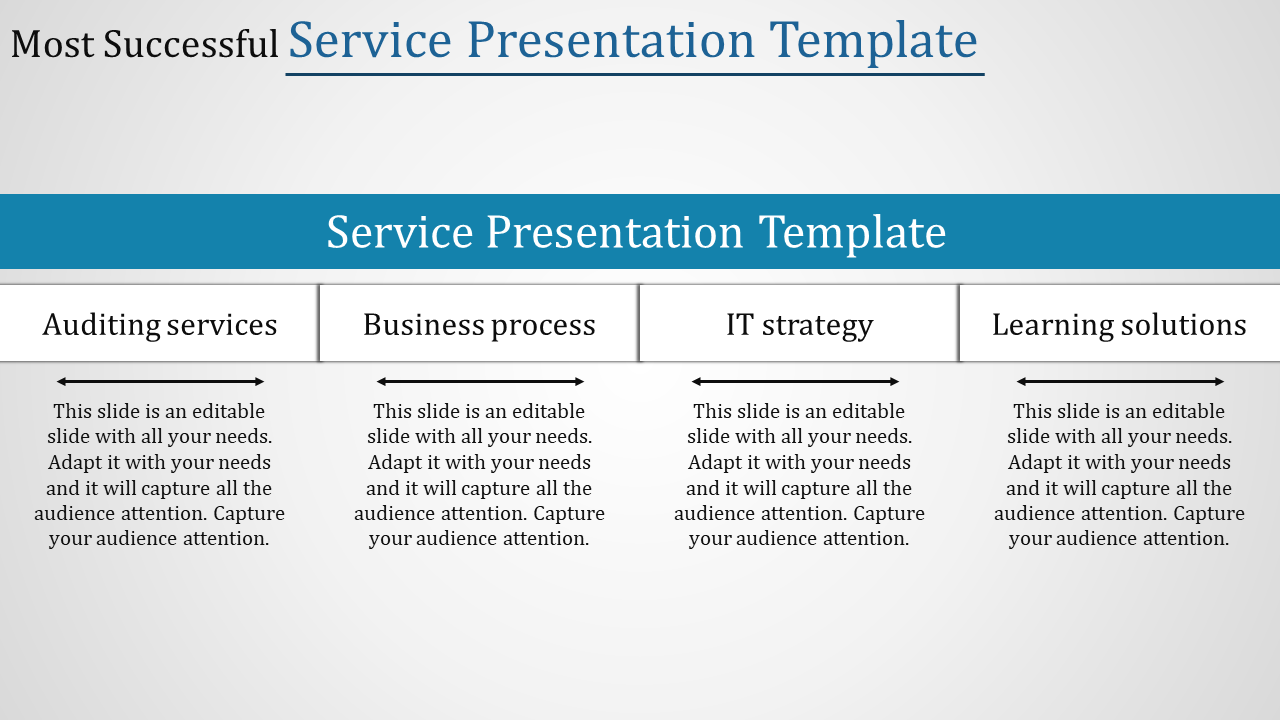 Service template with a blue header, featuring four evenly spaced columns with titles and placeholder text.