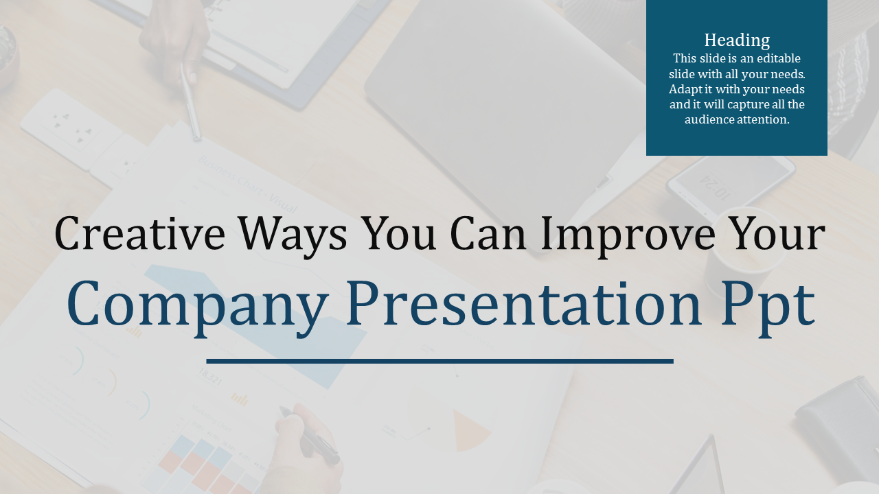 Professional slide layout with centered title in black and blue text box, over a soft blurred office desk background.