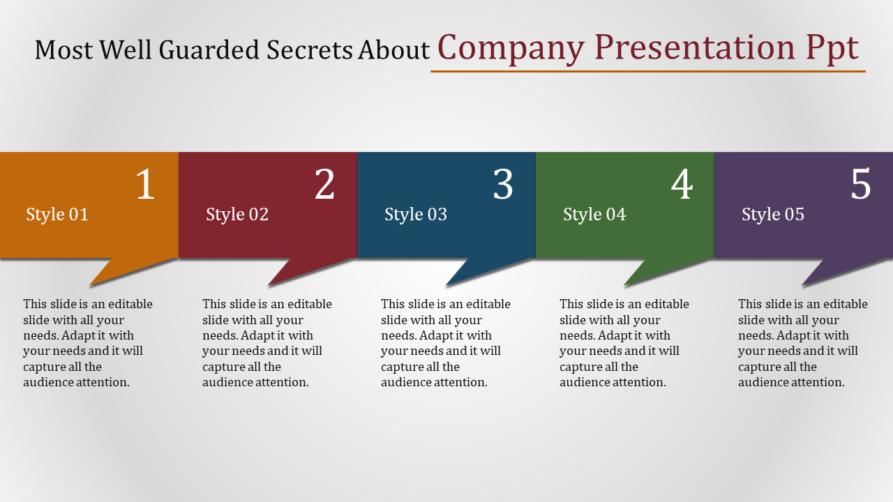 Company infographic with five numbered sections in orange, red, blue, green, and purple, featuring placeholder text areas.