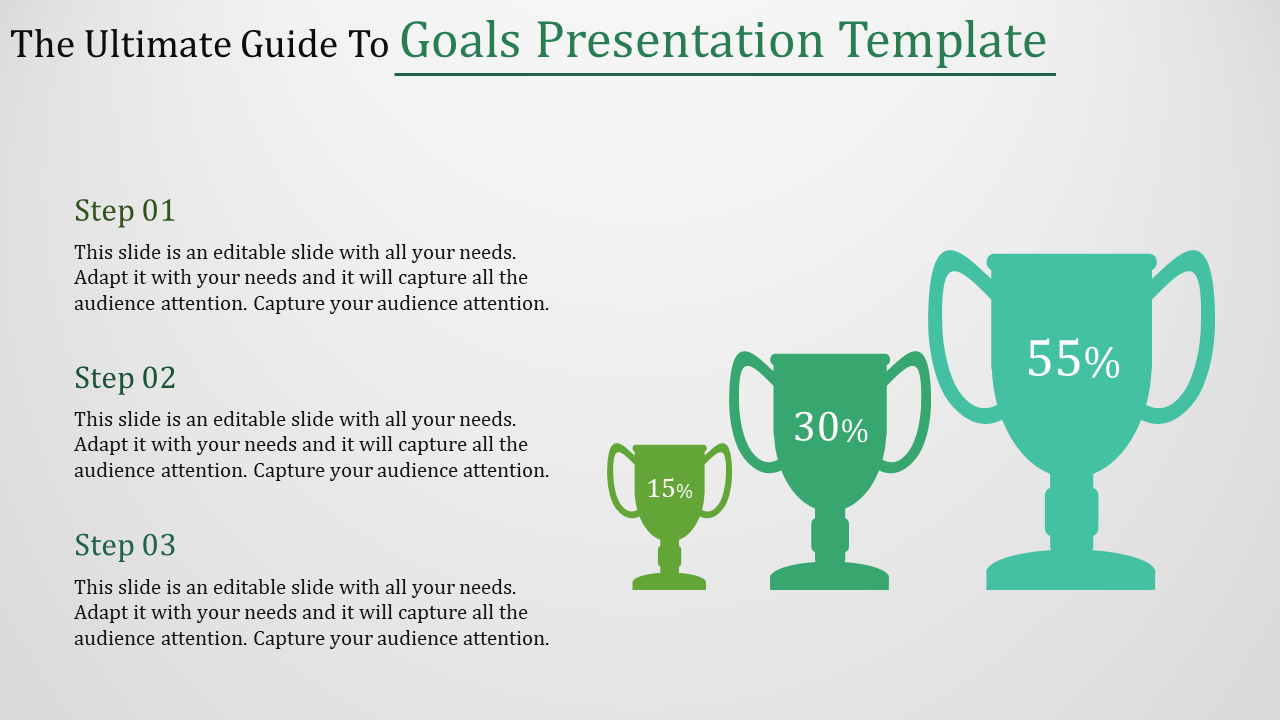 Three step goals template featuring green trophies of increasing sizes with 15%, 30%, and 55% percentages alongside.