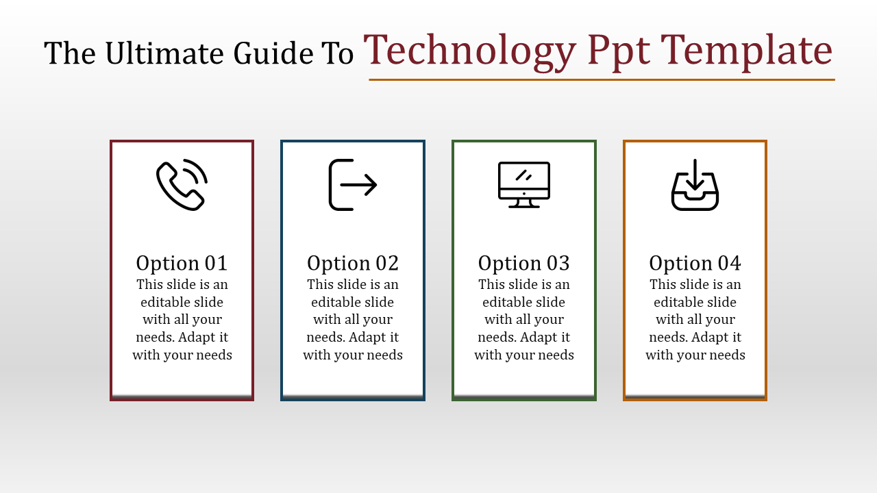 Technology themed layout with four rectangular sections displaying icons of communication, navigation, monitor, and download.