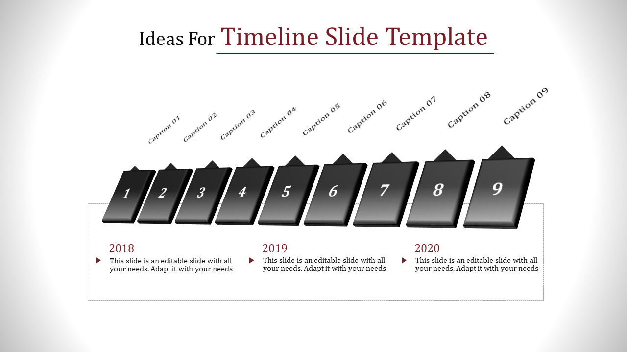A timeline PowerPoint slide with numbered boxes for 2018 to 2020, each having a caption slot.