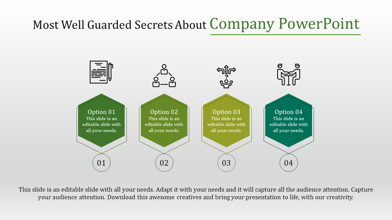 Company PowerPoint template featuring four options with sections for icons with options and placeholder text.
