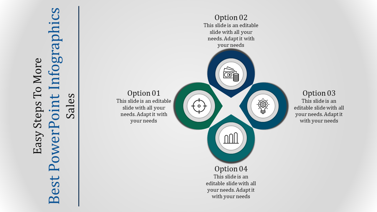 Four blue and green circular segments in a clover like shape, each containing icons and text placeholders.