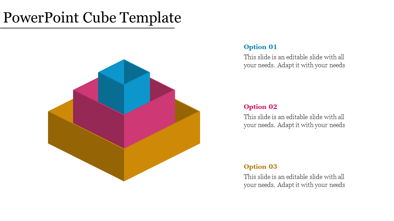 Three-tiered cube design with yellow base, pink middle, and blue top layer, connected to labeled options.