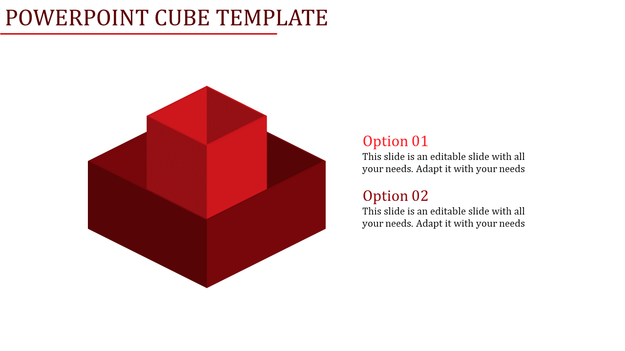 3D red cube structure with two stacked layers on the left, paired with text options listed on the right.