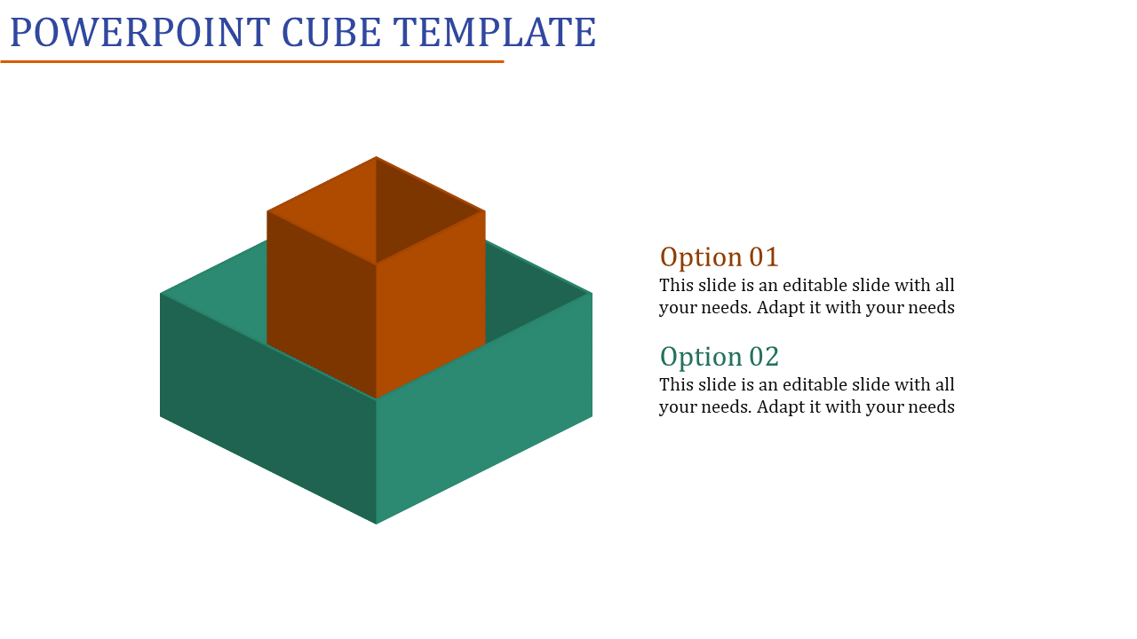 Brown and green 3D cube layers displayed on the left, paired with two descriptive text placeholders on the right.