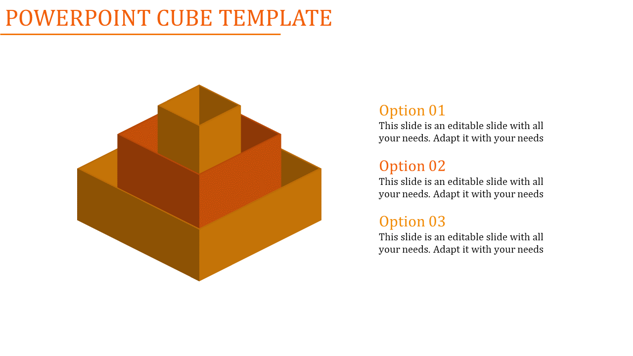 Pyramid-shaped cube infographic in gradient orange tones with placeholder text options displayed alongside.
