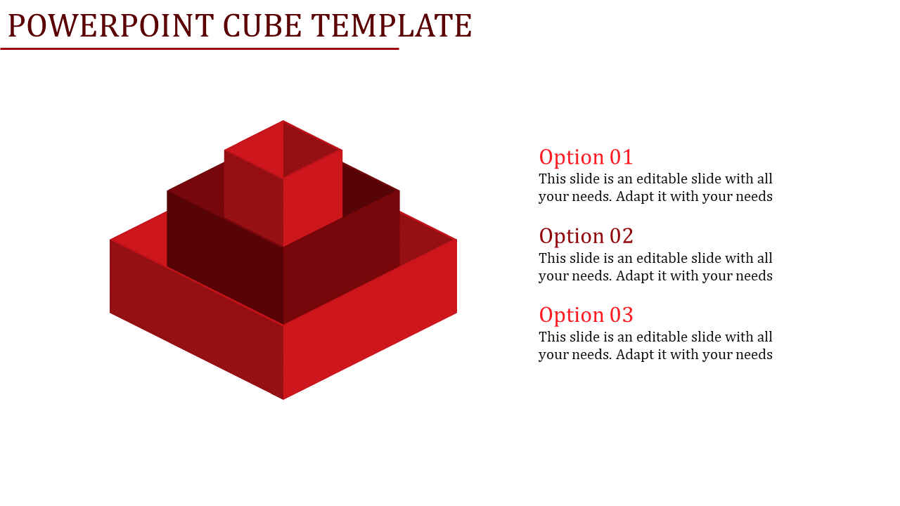 Red cube PPT template with three stacked red blocks, each with text sections.