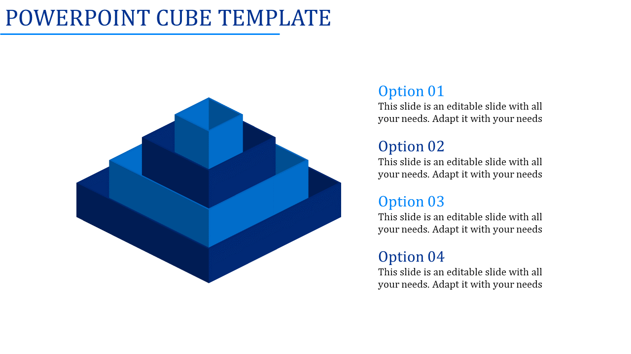 Blue cube PowerPoint template with stacked cubes, each with text placeholders.