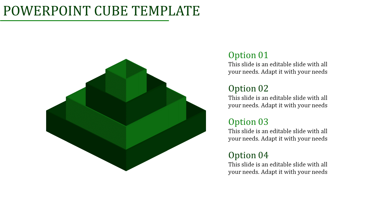 A green 3D pyramid like cube structure with four tiers on the left and text options listed on the right.