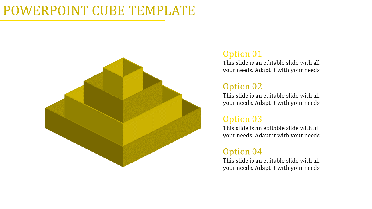 Yellow cube PPT template with stacked blocks, each with options and placeholder text.