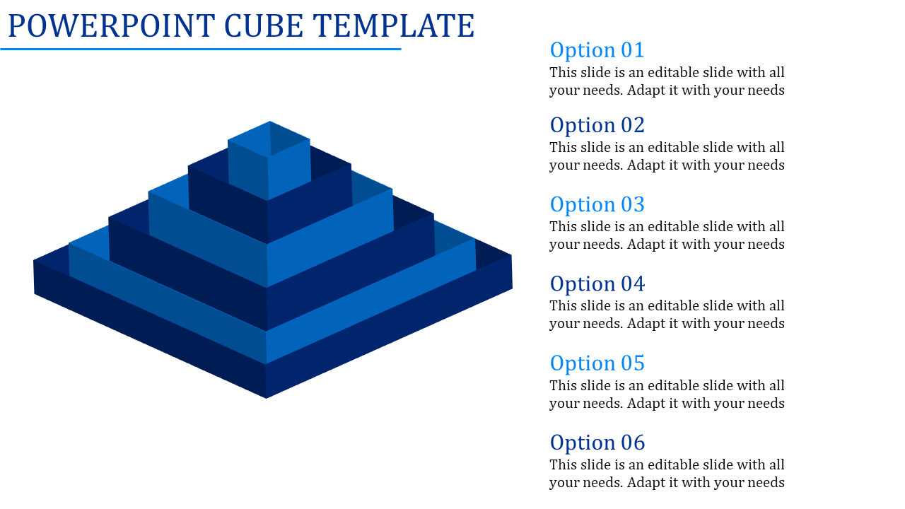 Blue cube PowerPoint template shows stacked blocks, each with six options and placeholder text.