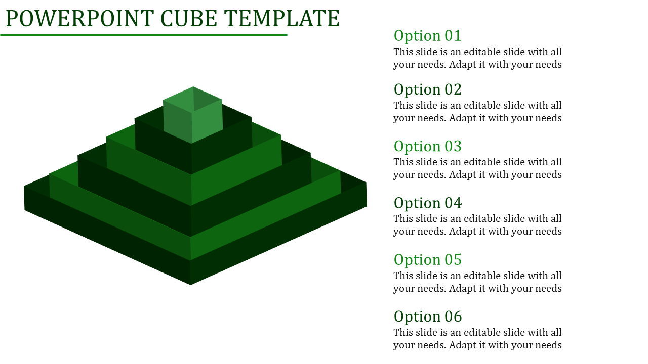 Green pyramid shaped cube layers on the left with six text options listed vertically on the right.