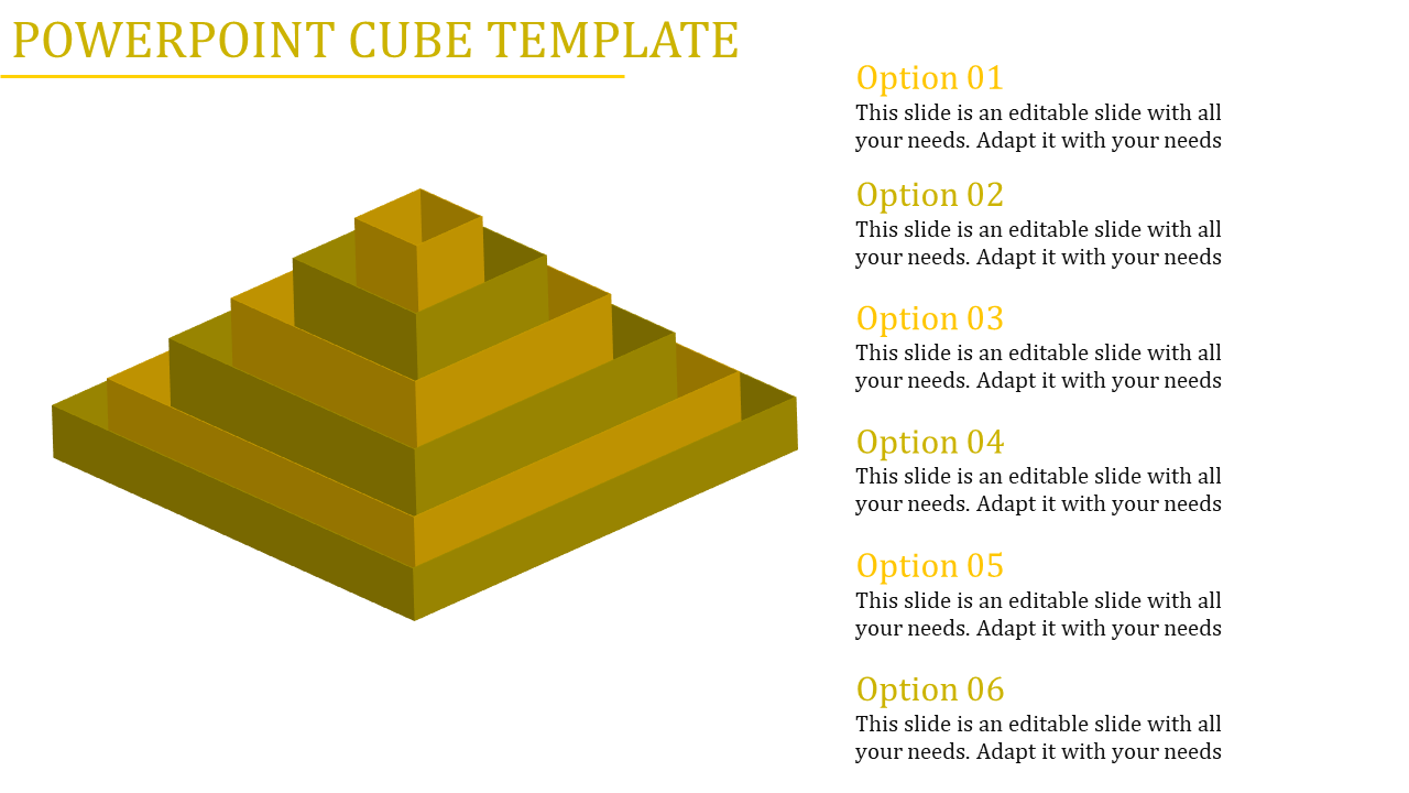 Yellow pyramid shaped cube layers on the left with six text options listed vertically on the right.