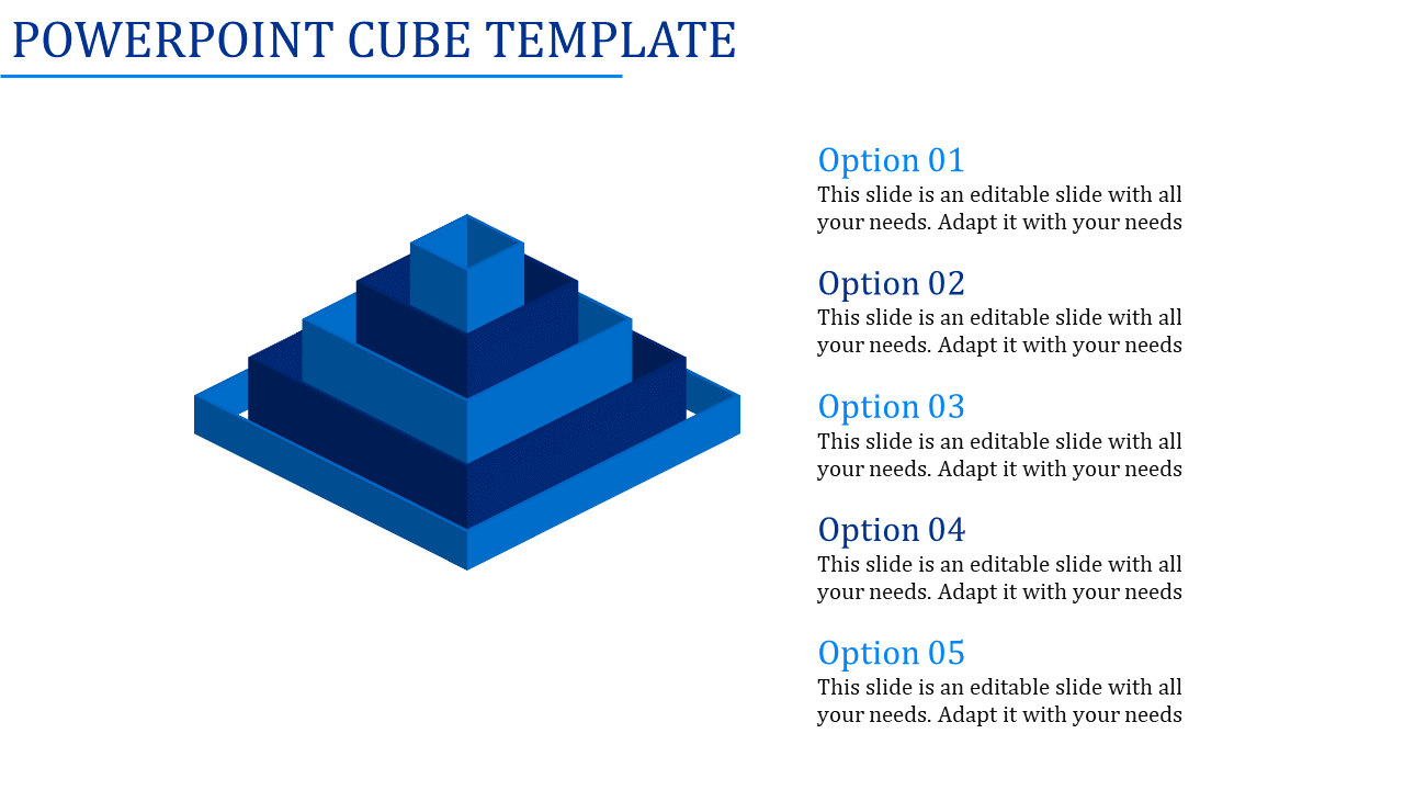 Isometric blue cube pyramid with five stacked levels, paired with descriptive text areas for each layer on the right.