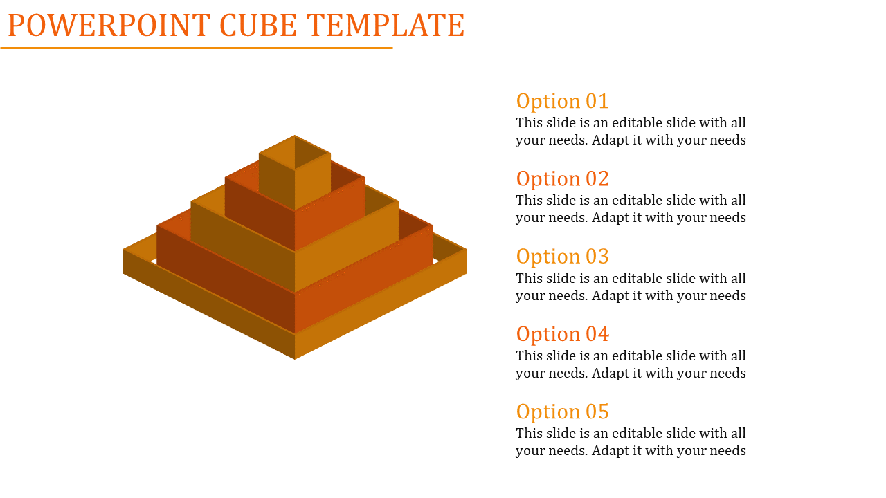 Illustration of an orange tiered cube structure on the left, paired with five text options aligned on the right.