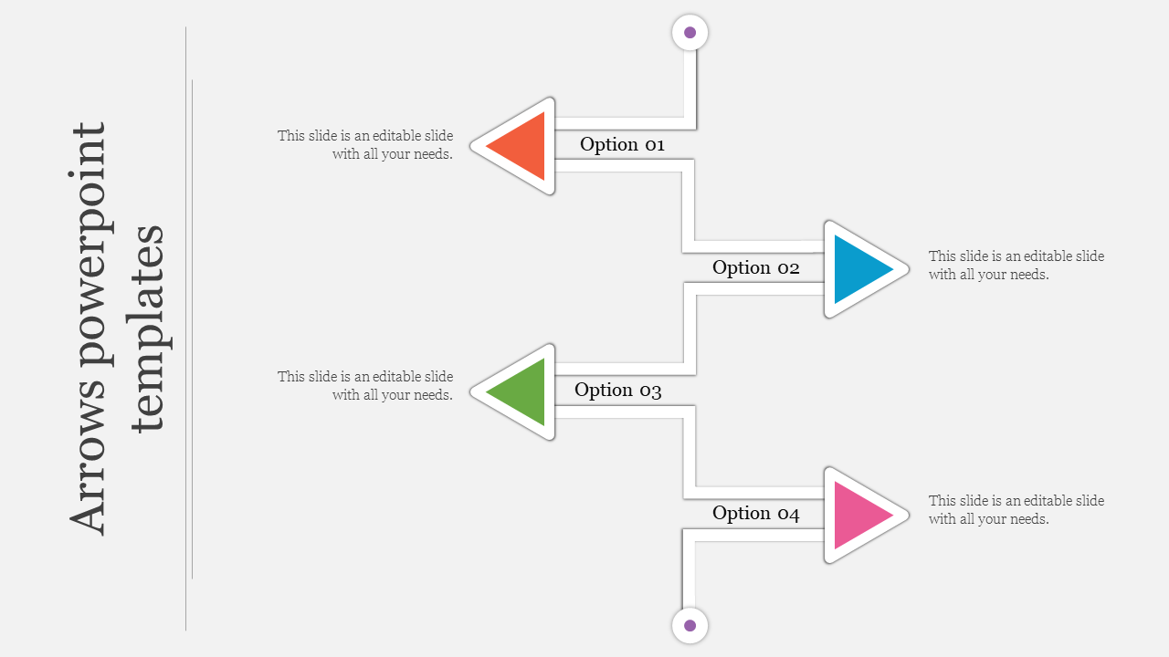 Arrows PowerPoint template featuring four directional arrows in orange, green, blue, and pink, with captions.