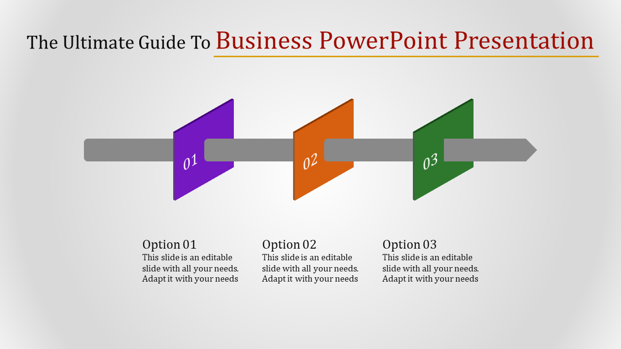 Business themed flowchart showing a gray horizontal arrow passing through three blocks labeled with placeholder text areas.