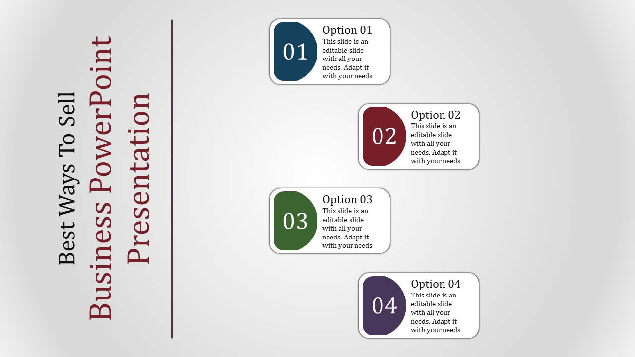 Business slide with four numbered rectangular box in blue, red, green, and purple arranged vertically with placeholder text.
