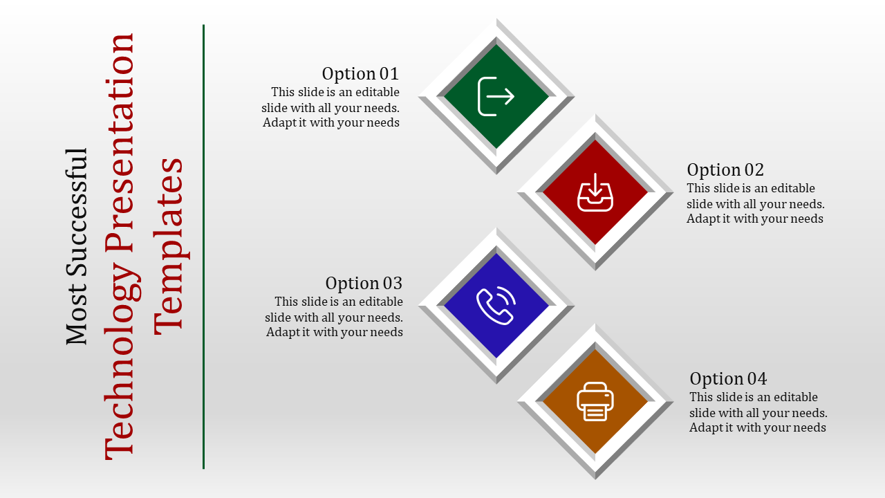 Four step technology infographic showing colored diamonds with white icons for direction, data download, phone, and printer.