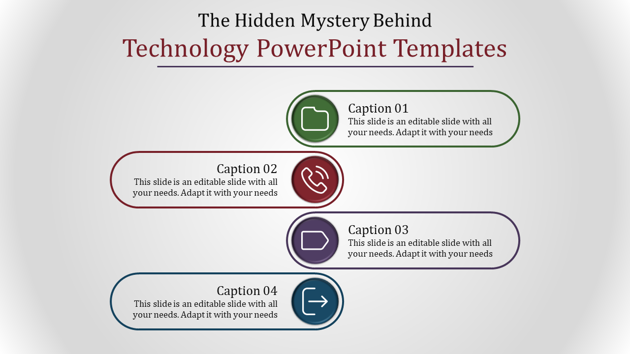 Technology themed infographic showing four colorful banners with folder, call, direction, and arrow icons.