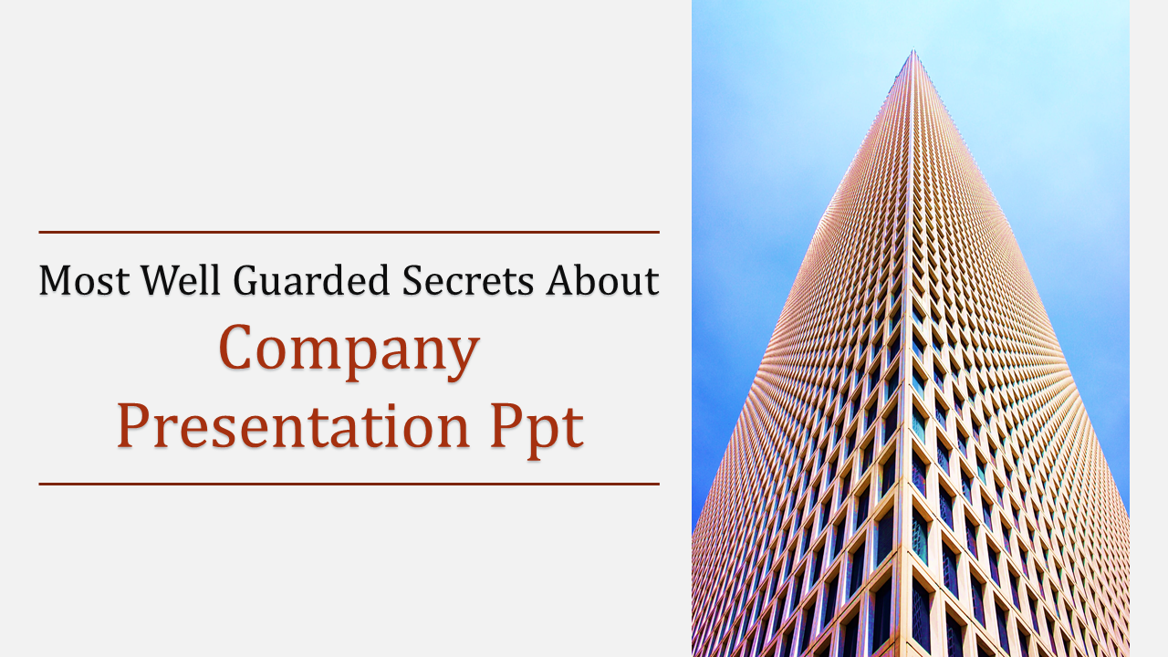 Company slide with clean white text layout and an angled perspective of a skyscraper under a blue sky.