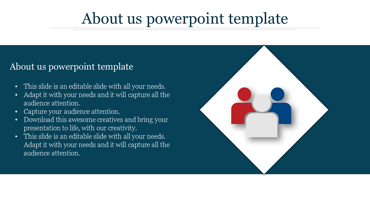 PowerPoint slide with About Us template, featuring text and team icons in red, blue, and gray.