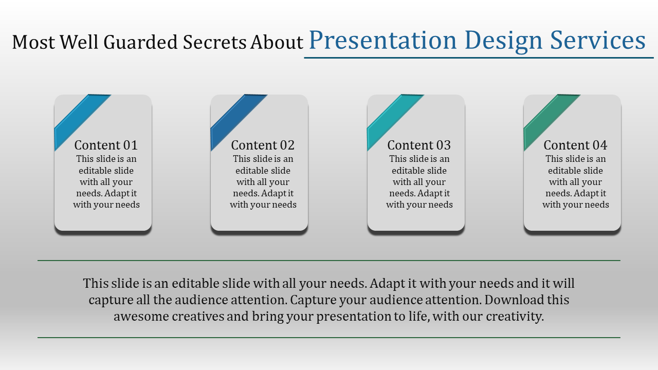Service design slide with four sections for content, each with a title and text area.