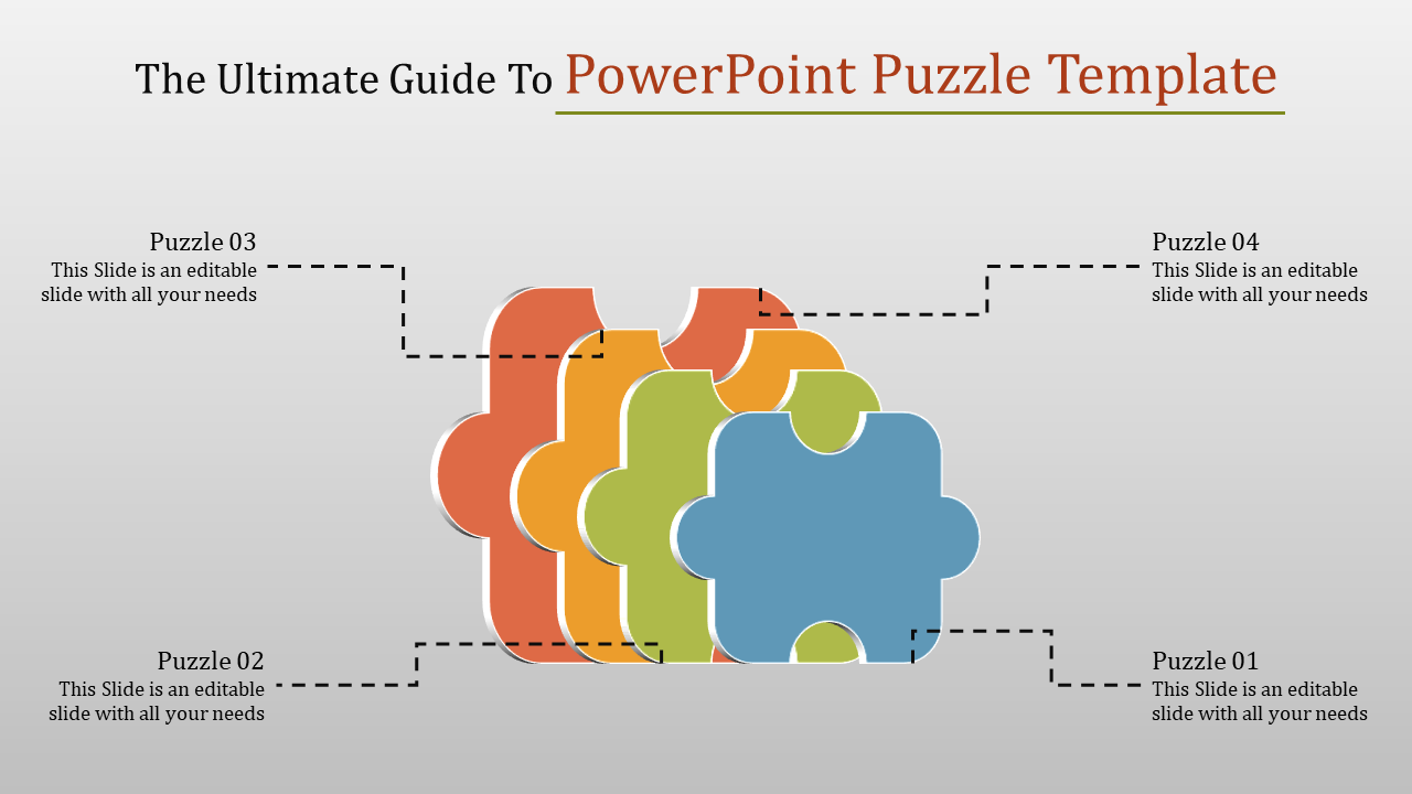 Slide layout displaying a four-step puzzle diagram in blue, green, orange, and red, with matching text annotations.