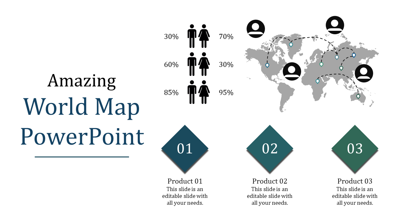 World map infographic with location markers, icons, and gender percentage comparisons on the left.