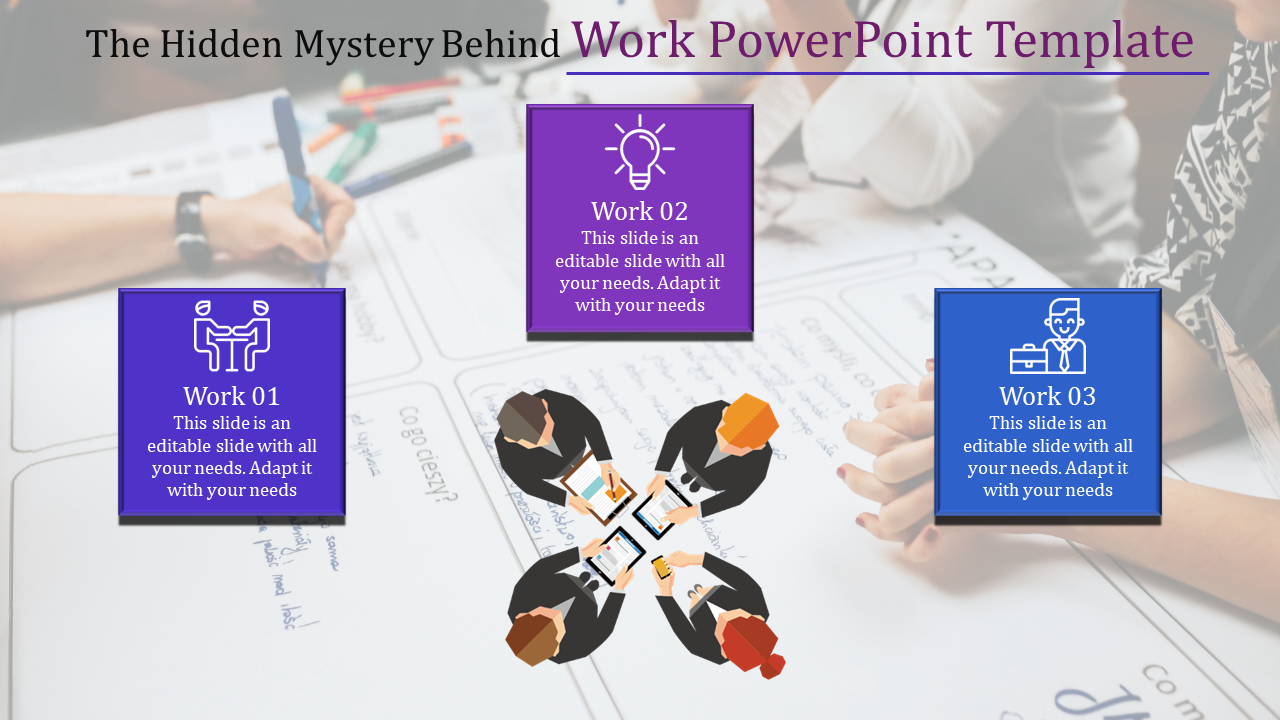 A PowerPoint template illustrates work related concepts with three sections, each featuring icons and a caption.