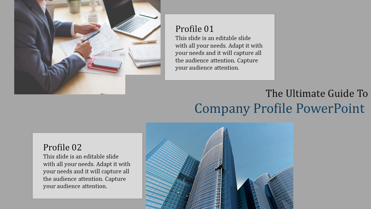 Corporate slide with gray background, featuring images of a person working, modern buildings, and text sections in boxes.