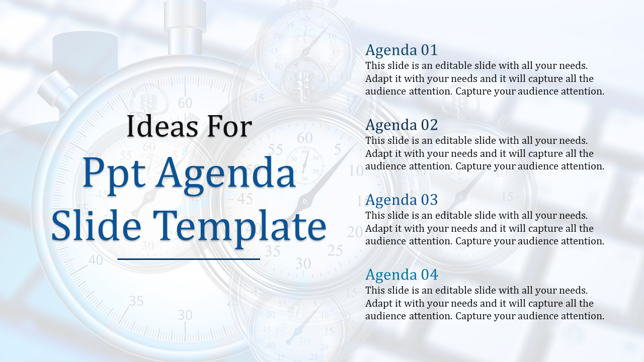 Template with four agenda items numbered 01 to 04, set against a time-themed background with clocks and stopwatches.