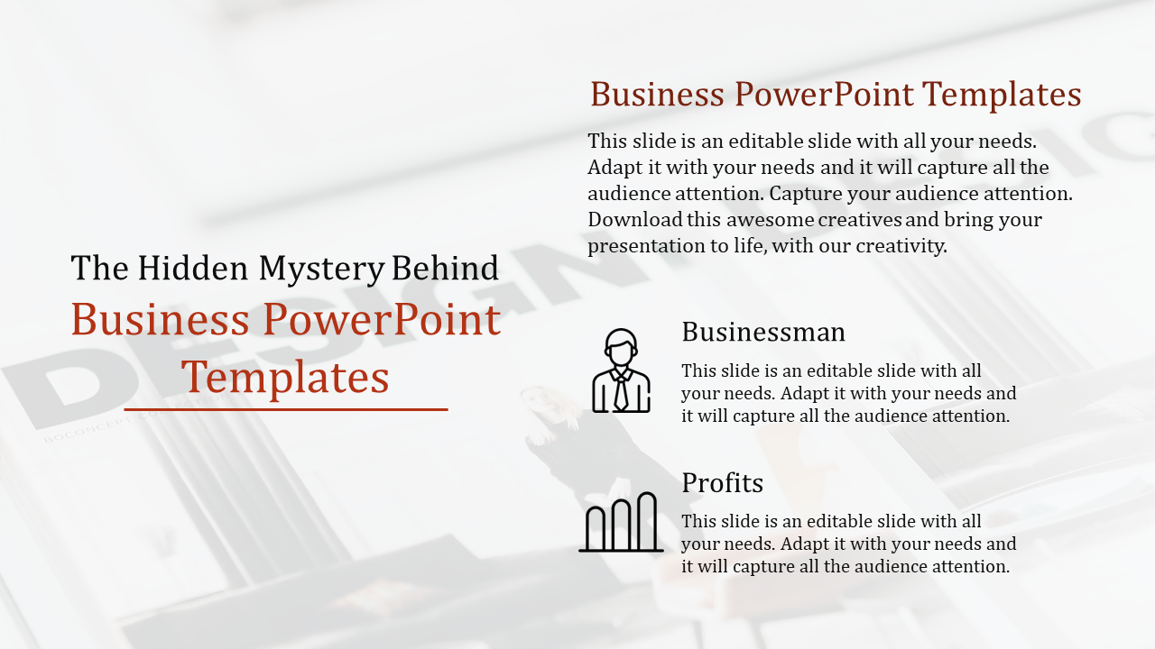 Business PPT slide featuring sections for businessman and profits with text and icons, set against a blurred background.