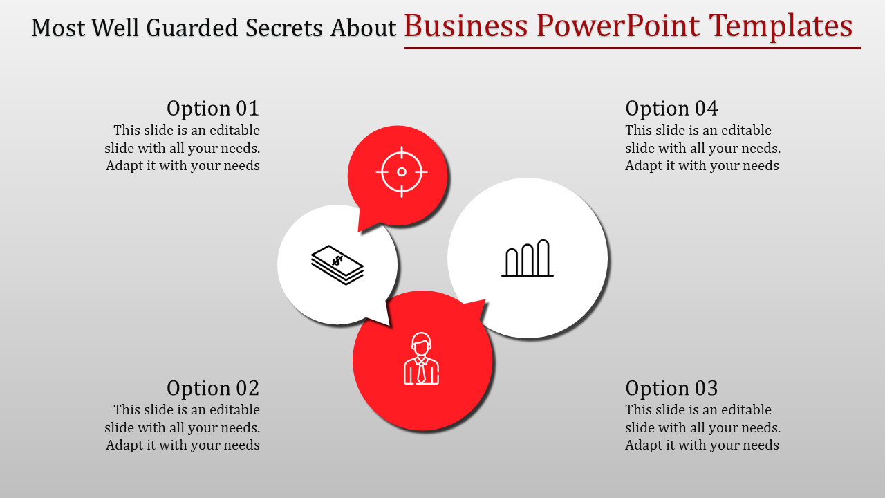 Business slide featuring four numbered options with icons representing four sections with a caption.