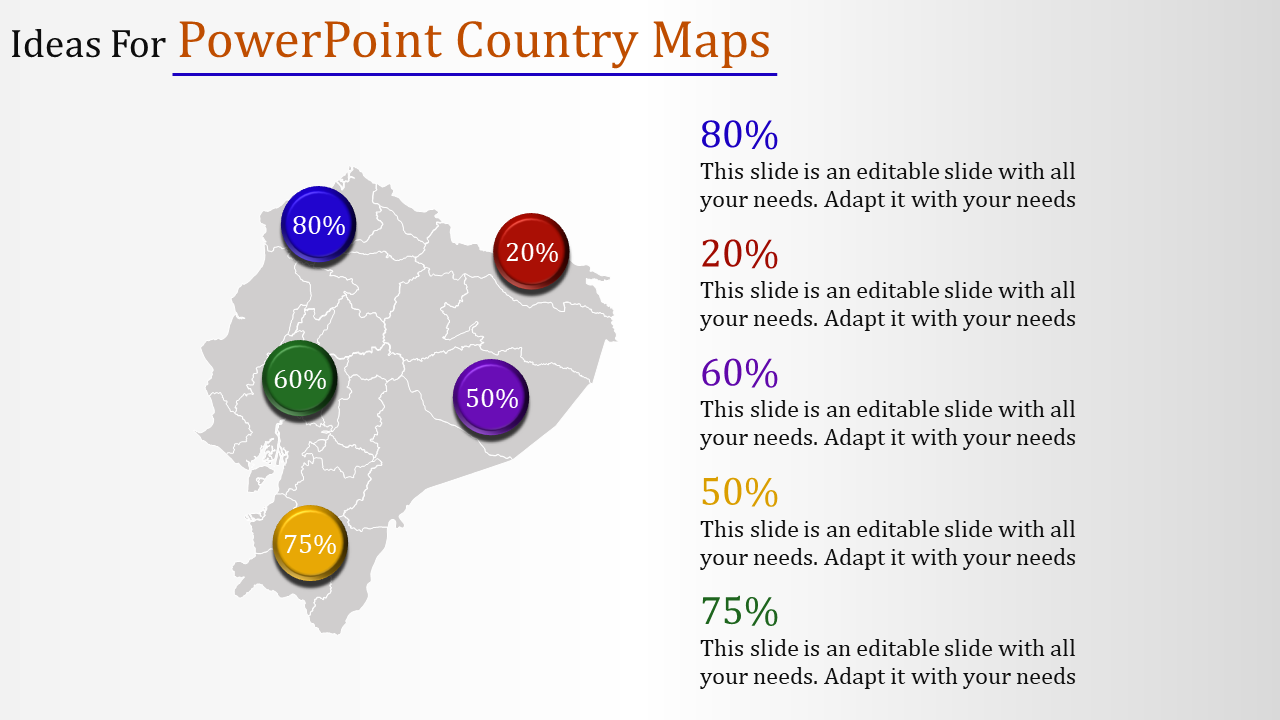 Country map with five colorful circles in blue, red, green, purple, and yellow, showing percentages and aligned text.