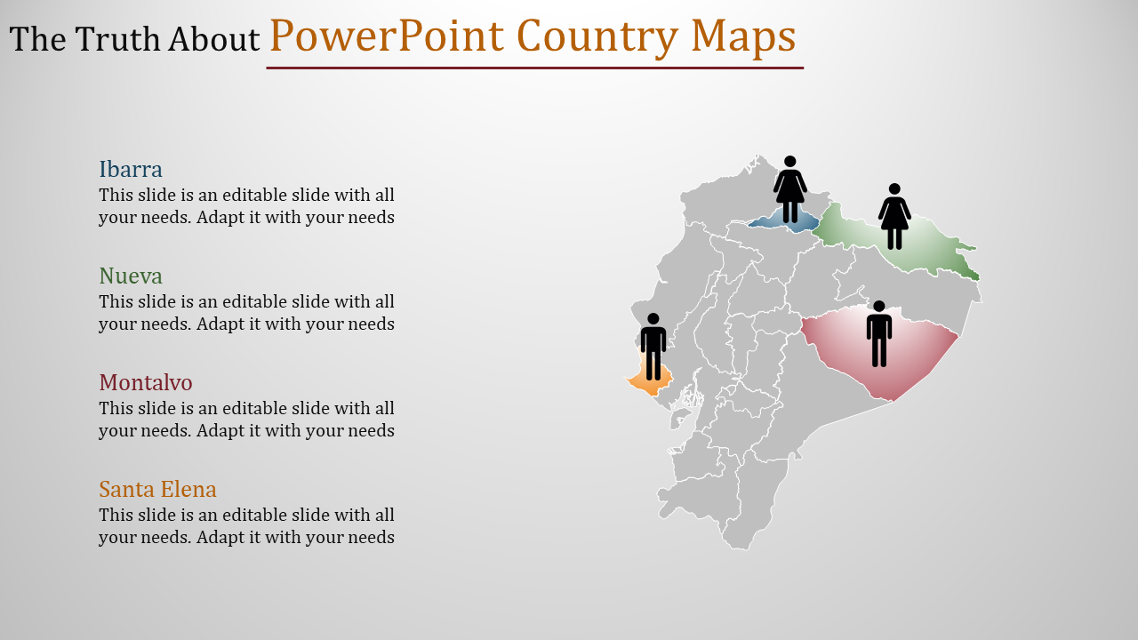 Stylized Ecuador map with marked regions in blue, green, red, and orange, featuring male and female silhouettes.