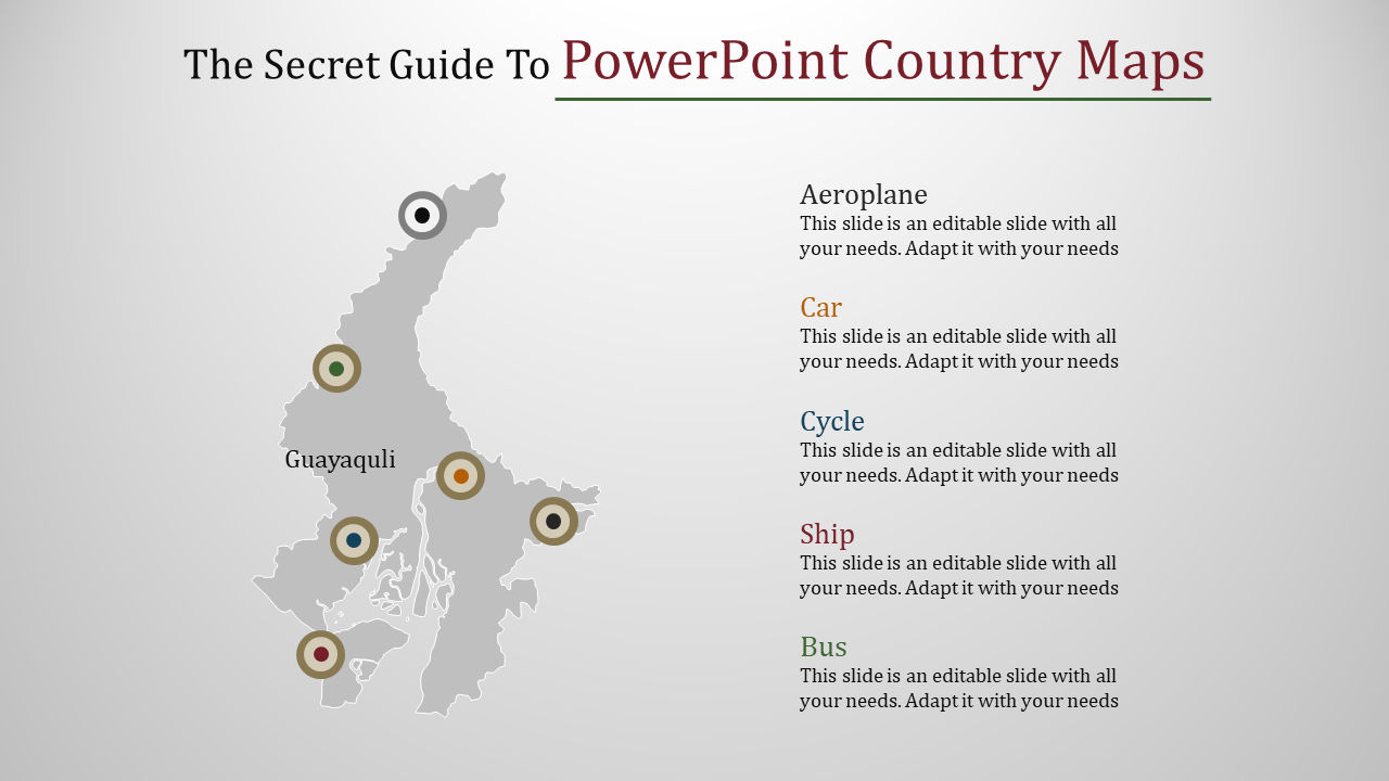 Gray country map with location markers labeled with transportation modes, paired with descriptive text on the right.