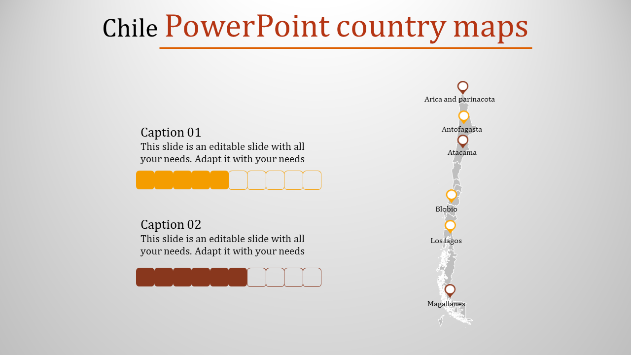 Chile map with labeled regions and location markers, paired with two captions with progress bars in orange and brown.