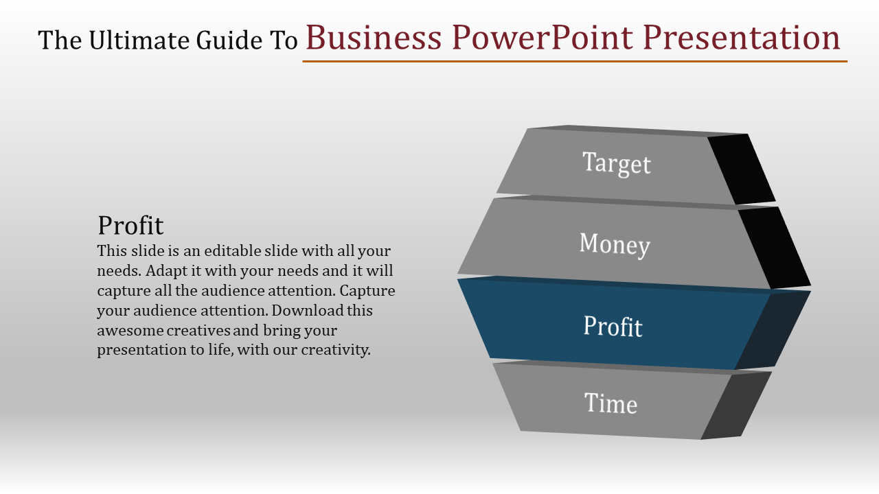 A business PowerPoint slide featuring a pyramid structure with labeled sections for target, money, profit, and time.