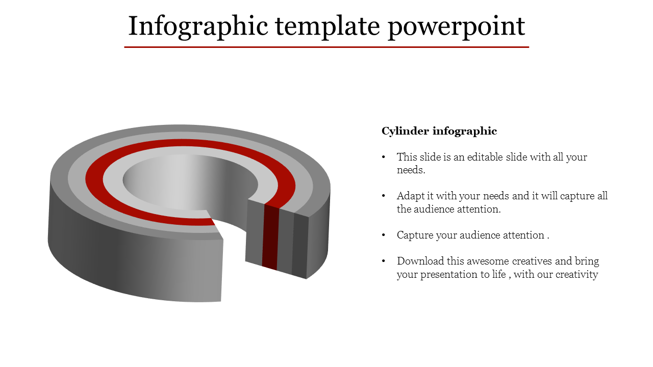 3D cylinder infographic PowerPoint slide with space for adaptable text and data.