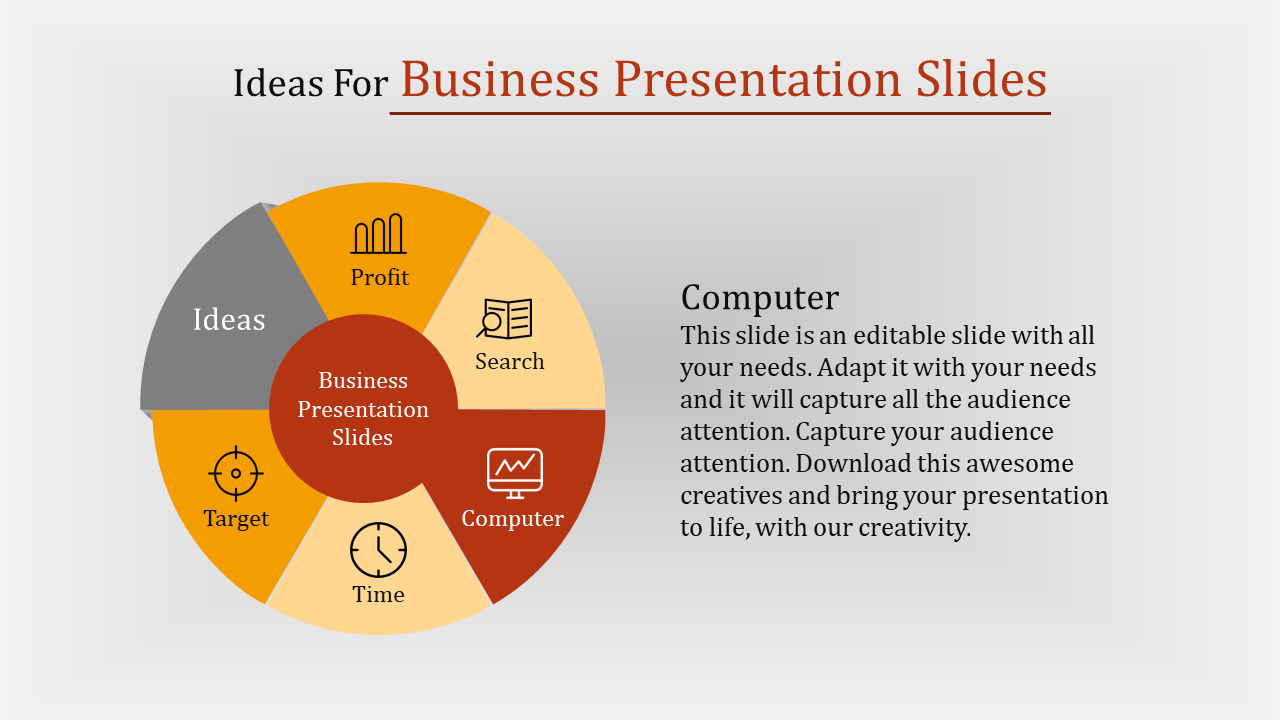 Circular infographic representing business presentation ideas from search to profit featuring icons with placeholder text.