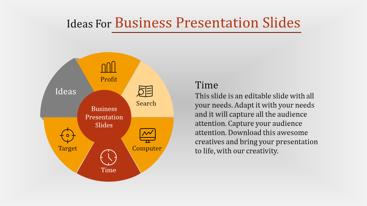 Infographic PPT slide with a circular layout featuring sections on target, time, profit, search, and computer with icons.