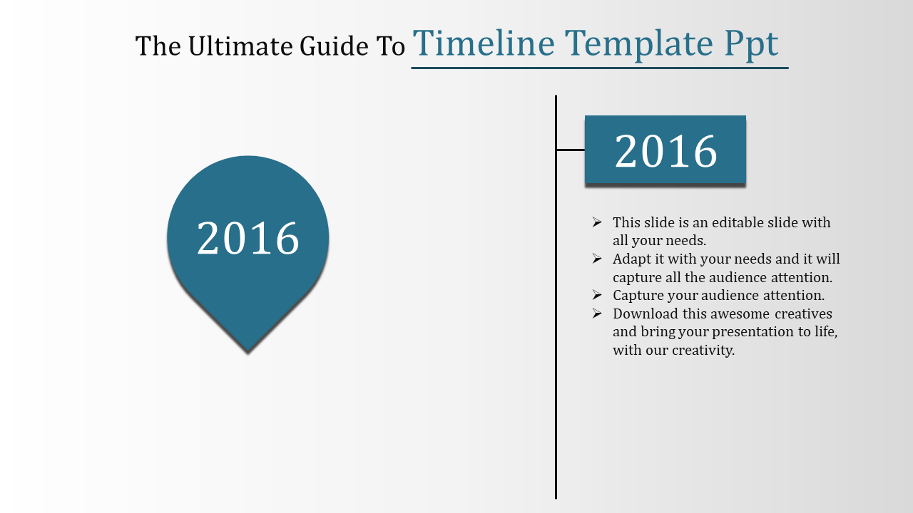 Timeline slide with a blue pin marker labeled 2016 on the left and descriptive text details on the right side.