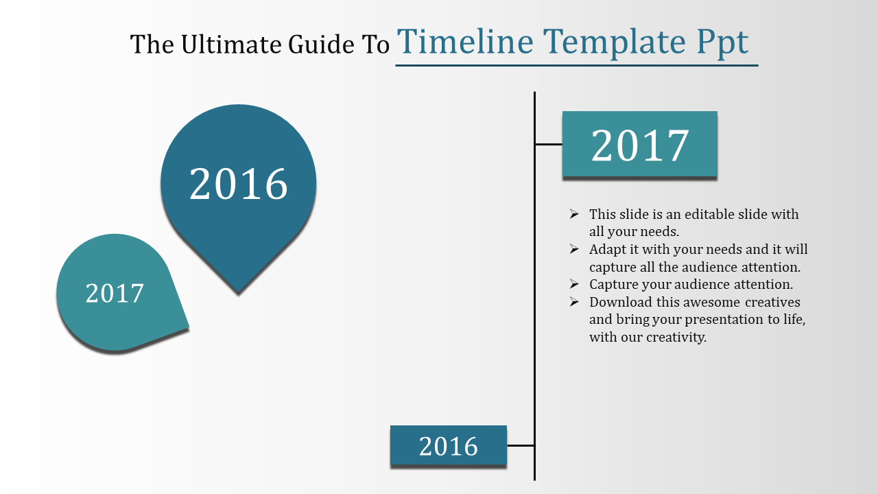 Timeline slide featuring milestones for 2016 and 2017, with circular markers and descriptive text for 2017.