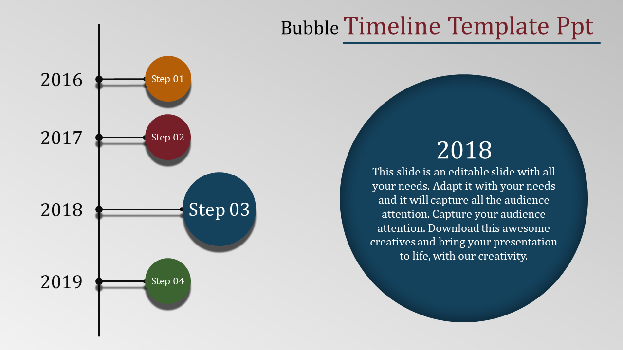 Vertical timeline with colorful bubbles marking years 2016 to 2019, featuring a large blue circular detail for 2018.