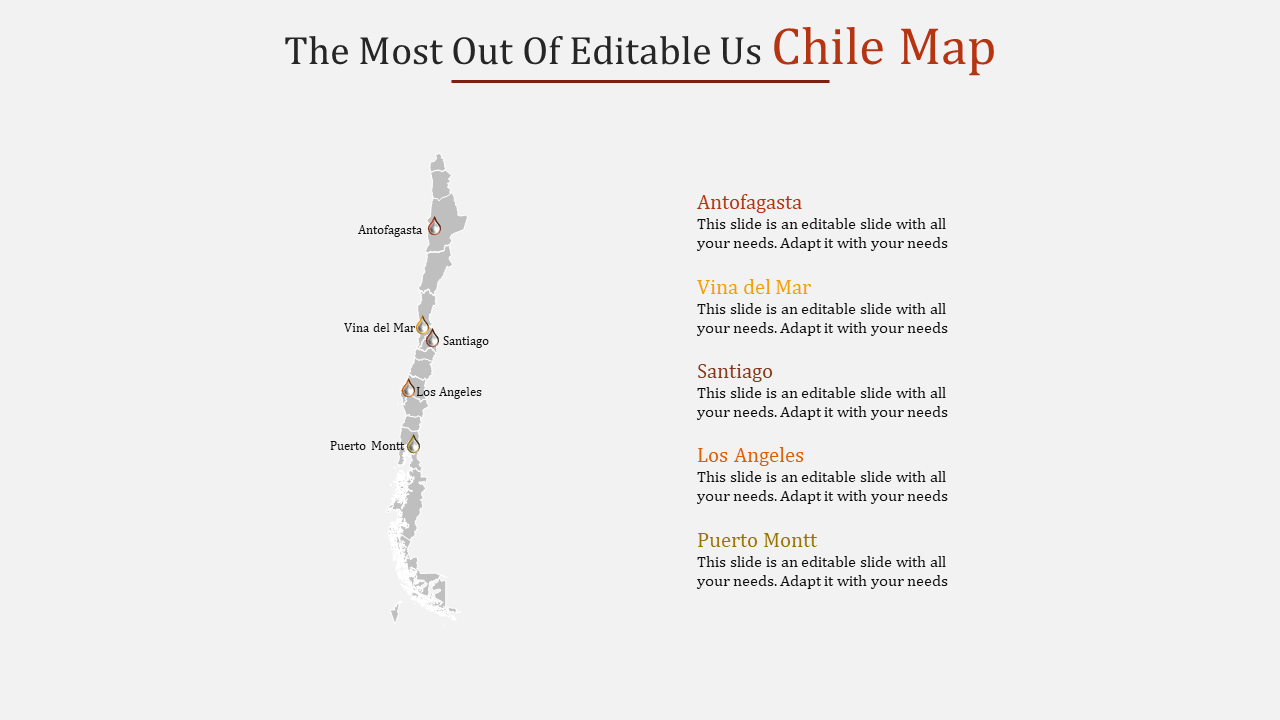 Chile map featuring city markers for Antofagasta, Viña del Mar, Santiago, Los Angeles, and Puerto Montt on the side.