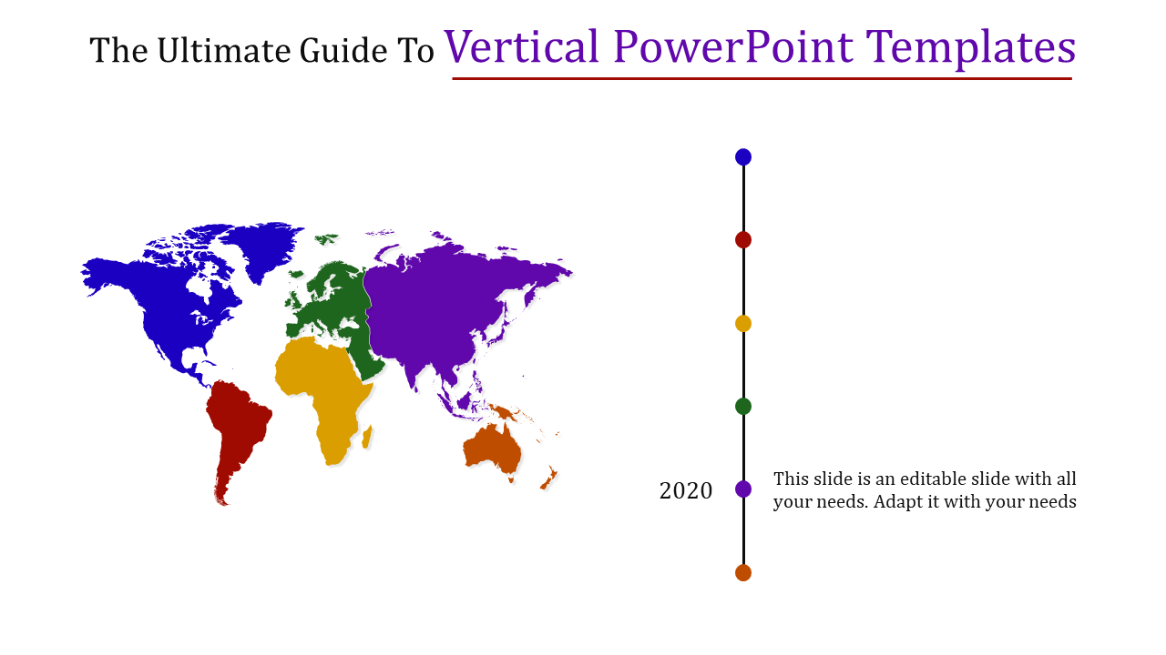 World map in bold colors on the left and a vertical timeline with colorful markers and text on the right for 2020.